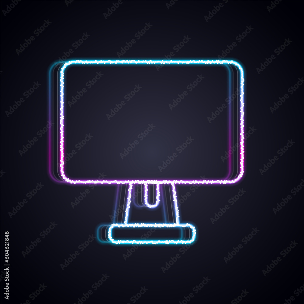 Poster glowing neon line computer monitor screen icon isolated on black background. electronic device. fron