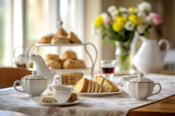 classic tea table served with cake and flowers close to a window
