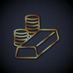 Gold line Gold coin with gold bars icon isolated on black background. Banking currency sign. Cash symbol. Vector