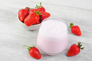 Strawberry Drink, Shake, Smoothie with Fresh Strawberry on Grey Background, Glass with Tasty Refreshing Drink