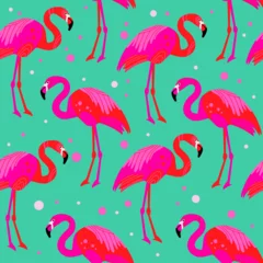 Papier Peint photo Flamingo Beautiful seamless vector tropical pattern with pink flamingos on a green background. Abstract summer texture