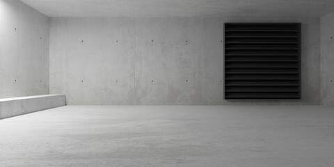 Abstract large, empty, modern concrete room with large AC opening on the back wall and rough floor - industrial interior background template