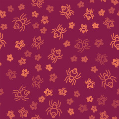 Brown line Poisonous spider icon isolated seamless pattern on red background. Happy Halloween party. Vector