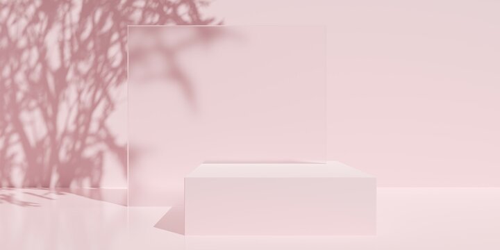 Empty, blank, square podium or dais in pink room background with tree shadow and glassmorphism wall, product or design placement template
