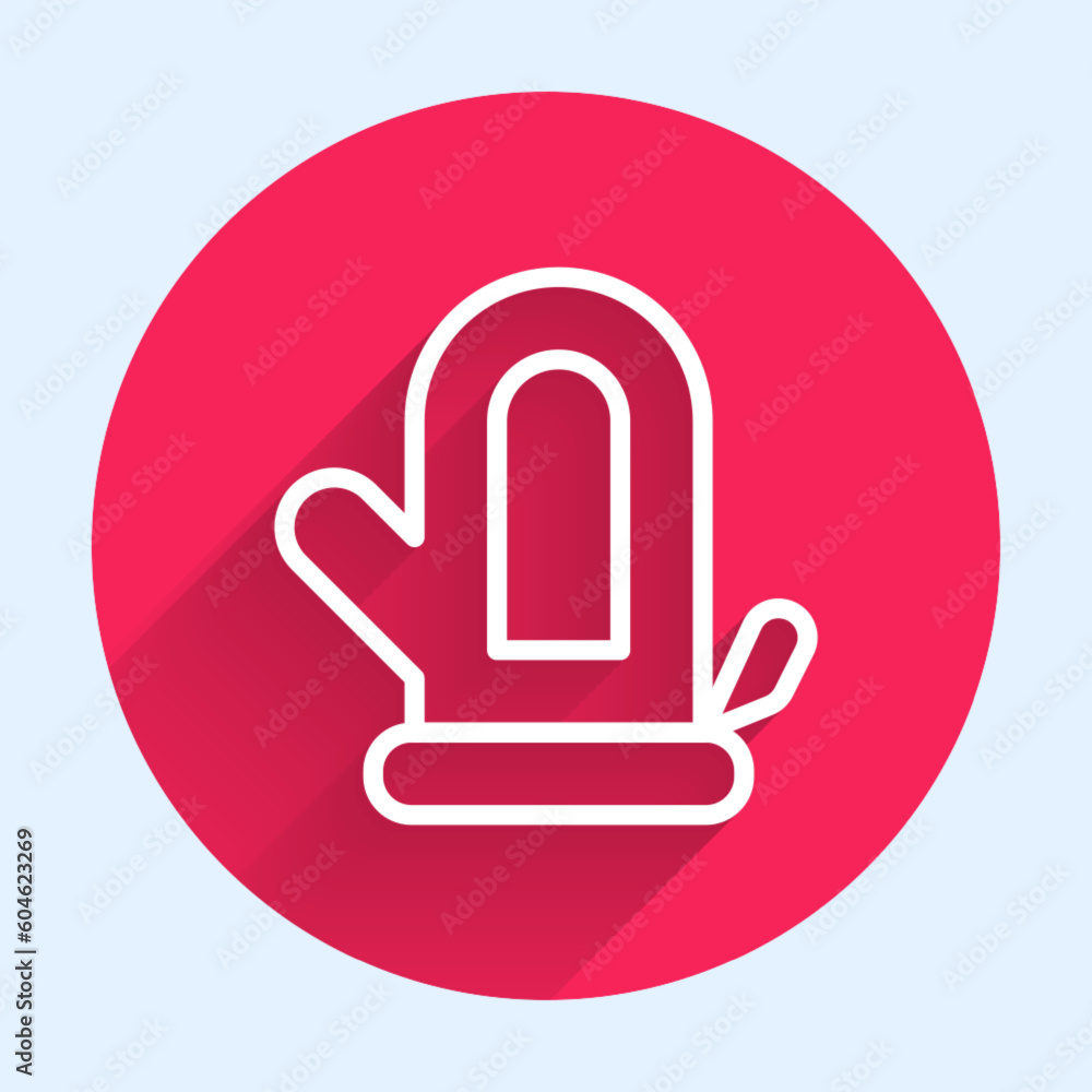 Poster white line sauna mitten icon isolated with long shadow background. mitten for spa. red circle button