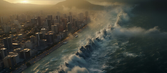 Net Zero, Climate Change and Global Warming concept: Rising sea levels encroaching on a city. Generative AI