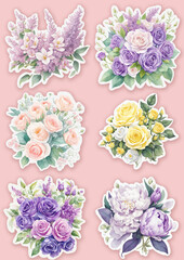 set of stickers of peonies, roses and lilacs in watercolor technique
