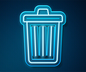 Glowing neon line Trash can icon isolated on blue background. Garbage bin sign. Recycle basket icon. Office trash icon. Vector