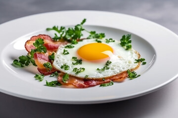Fototapeta na wymiar fried egg with bacon and greenery on white backfround