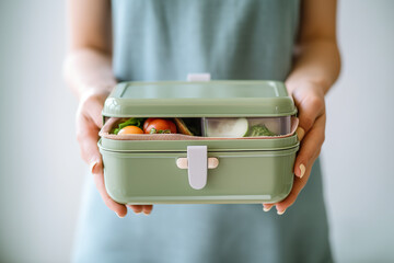 A woman holding a green lunch box filled with food. Generative AI.