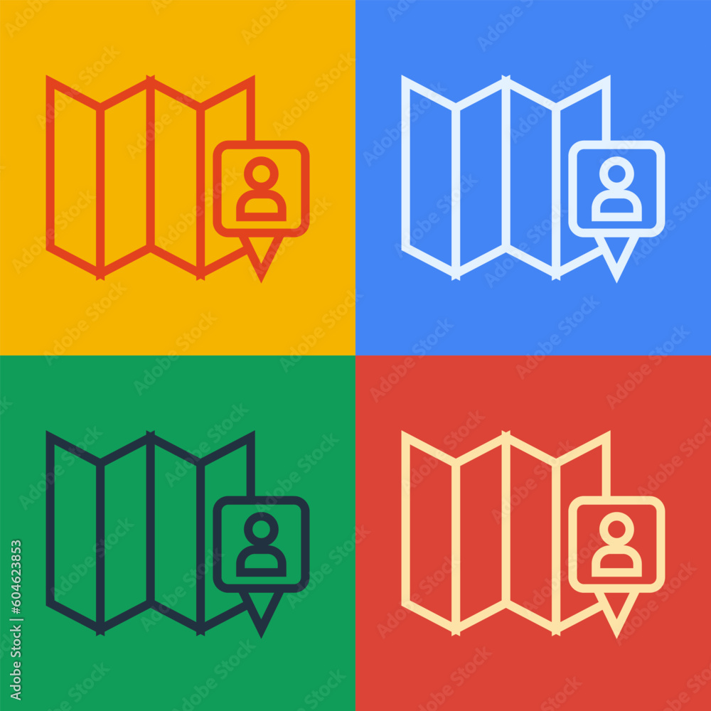 Poster pop art line folded map with location marker icon isolated on color background. vector