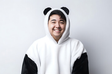 a delightful chubby teenager donning a panda suit perfectly embodies the playful spirit of a cuddly panda to the scene on a white background.  generative AI.