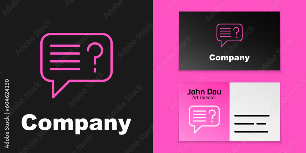 Poster pink line unknown search icon isolated on black background. magnifying glass and question mark. logo