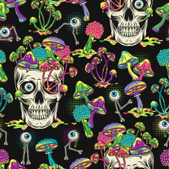 Pattern with eye monsters, mushrooms, crazy skull without top like cup, bowl, vase full of growing through mushrooms. Fantasy surreal illustration for groovy, hippie, mystical, psychedelic design