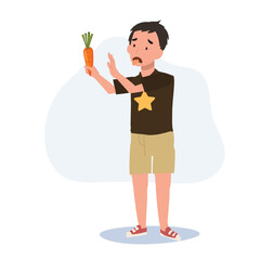 Fototapeta na wymiar cute young boy,kid do not want to eat vegetable, carrot. children hate vegetables. Flat vector cartoon illustration