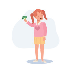 cute young girl,kid do not want to eat vegetable, broccoli. children hate vegetables. Flat vector cartoon illustration