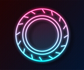 Glowing neon line Car tire wheel icon isolated on black background. Vector