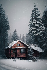 Cottage in the snow forest, AI Generative