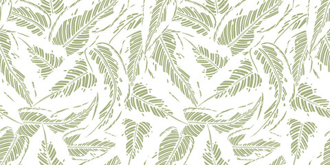 Tropical exotic green plants and leaves wallpaper. Seamless pattern with summer tropical foliage