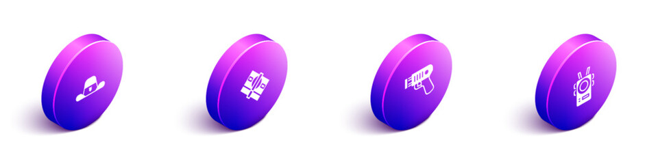 Set Isometric Sheriff hat with badge, Stacks paper money cash, Police electric shocker and body camera icon. Vector