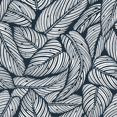 Tropical exotic green plants and leaves wallpaper. Seamless pattern with summer tropical foliage