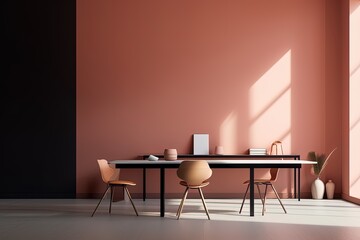 AI generated office interior design workspace, wide angle view