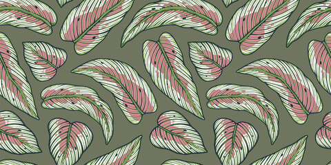 Tropical exotic green plants and leaves wallpaper. Seamless pattern with summer tropical foliage