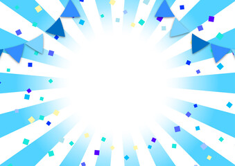 青色の放射にガーランドと紙吹雪が装飾されたシックなフレーム背景イラスト