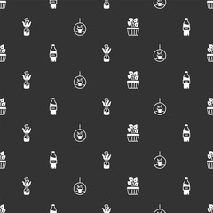 Set Indoor plant ivy in a pot, Bottle of water, Flower glass bottle and Plant hanging on seamless pattern. Vector