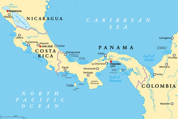 Costa Rica and Panama, political map, with the Isthmus of Panama and the Darien Gap. Narrow strip of land and region between the Caribbean Sea and the Pacific Ocean, linking North and South America.