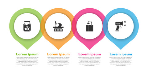 Set Jam jar, Electronic scales for product, Paper bag with bread loaf and Scanner scanning bar code. Business infographic template. Vector