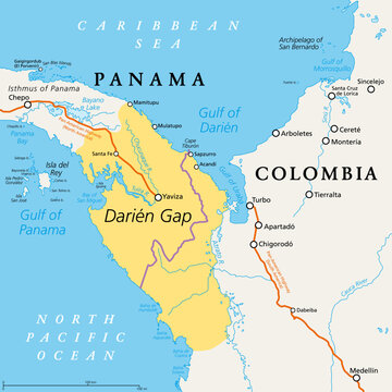 Darien Gap, political map. Geographical region in the Isthmus of Panama, connecting North and South America with Central America. The gap is in the Pan-American Highway of which a part were not built.