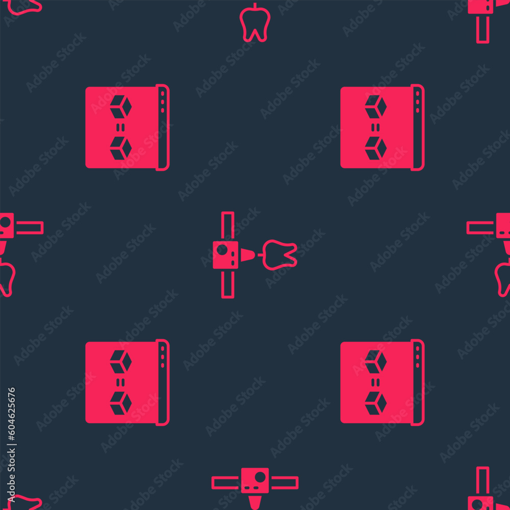 Poster set 3d printer perfect copy and tooth on seamless pattern. vector
