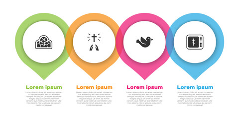 Set Stained glass, Hands praying position, Dove and Online church pastor preaching. Business infographic template. Vector