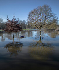 Aerial view of flooding due to climate change and global warming weather in Worcestershire