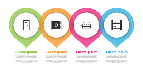 Set Hotel door, Safe, Sofa and room bed. Business infographic template. Vector