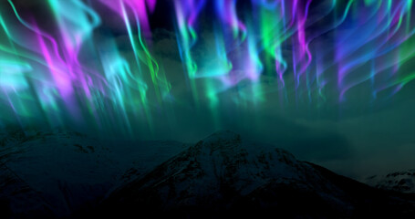 The abstract background of the multi -colored northern lights and mountains in the north, a bright iridescent realistic light light in the sky