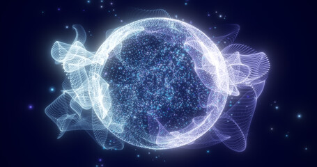 Abstract round blue sphere light bright glowing from rays of energy and magic waves from particles and dots, abstract background