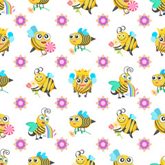 Seamless Pattern Abstract Elements Different Bee Insect Beetle With Flower Vector Design Style Background Illustration Texture For Prints Textiles, Clothing, Gift Wrap, Wallpaper, Pastel