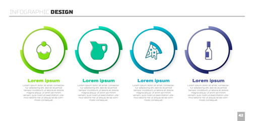 Set Muffin, Jug glass with milk, Slice of pizza and Tabasco sauce. Business infographic template. Vector