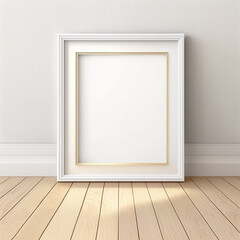 Vertical white frame mockup for poster. Front view template for photo on wooden floor. Generative AI
