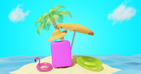 Fototapeta na wymiar Sandy island with a suitcase an umbrella with inflatable swimming rings. Vacation travel summer. 3d rendering
