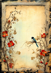 blank page with framed area, ancient paper, flowers. Rustic background.  Ai generative