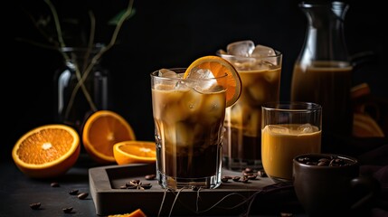 Bumble coffee with ice on a dark background. Espresso, orange juice and syrup in layers in transparent glass with ice. Summer trendy refreshing coffee drink. Coffee house menu, recipe.