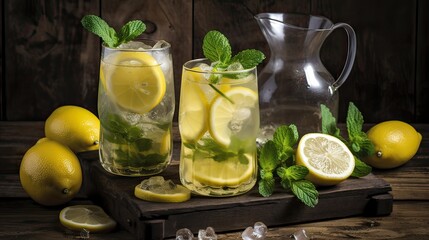 Lemonade with ice and mint on old wooden boards