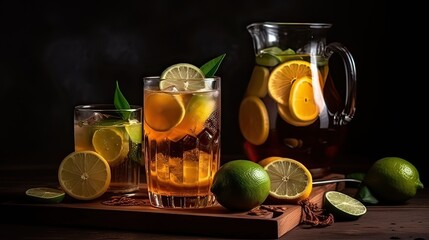 Glasses of ice tea with lemon slices on wooden background. 