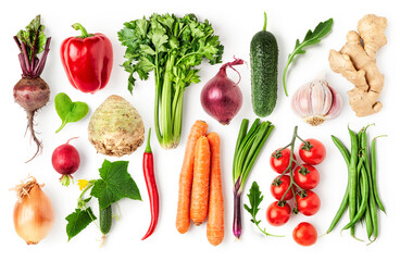 Different fresh vegetables collection isolated on white background.