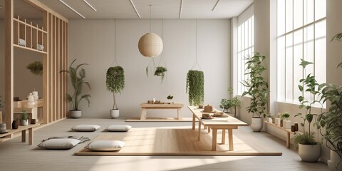 An inviting, minimalist yoga studio with natural light and green plants, promoting wellness and mindfulness , concept of Simplicity, created with Generative AI technology