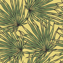 Tropical exotic green leaves or plant seamless pattern for summer background and beach wallpaper.