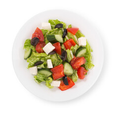 salad with tomatoes, cucumbers, lettuce, olives and cheese, isolated on transparent or white background, png, mockup